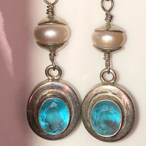 Sterling silver earrings with aquamarine & pearl drop dangle - Picture 3 of 8